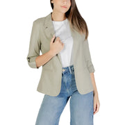Women’s olive green linen viscose blazer with rolled-up three quarter sleeves and classic collar