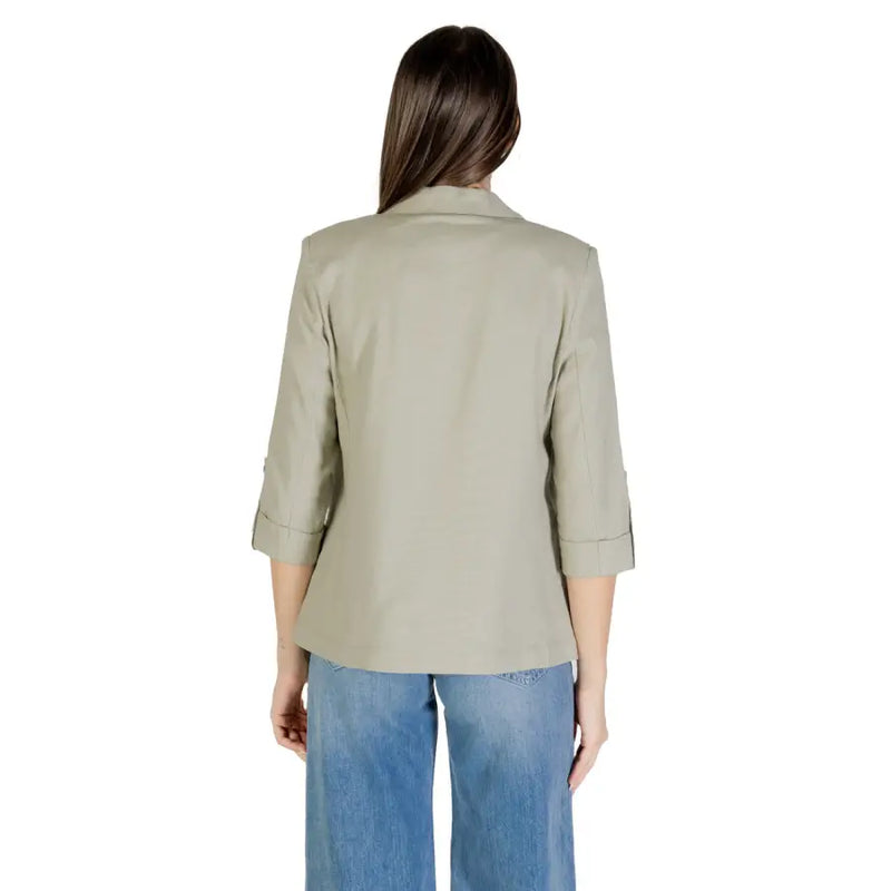 Beige structured fit blazer with three quarter sleeves and rolled cuffs made of linen viscose fabric