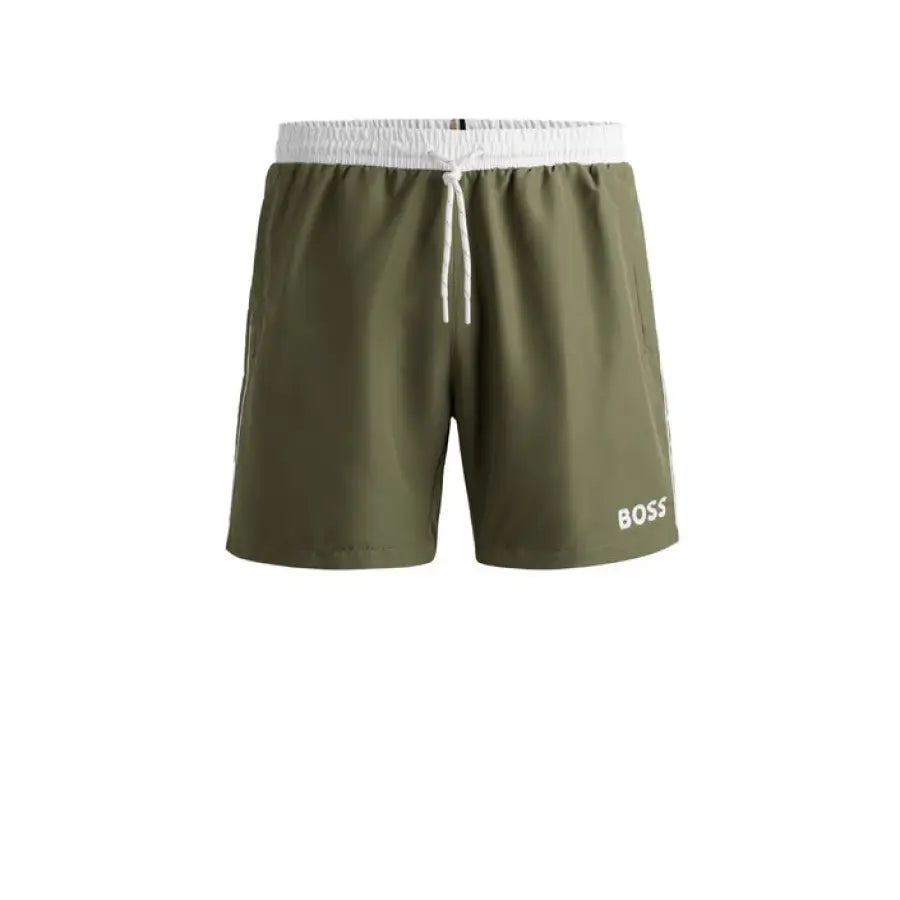 Boss Men Swimwear featuring green shorts with white logo on the side