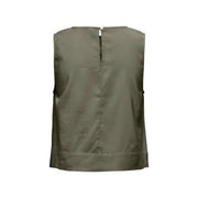 Green sleeveless viscose blouse for women featuring a central zipper closure and subtle seam detailing in olive green
