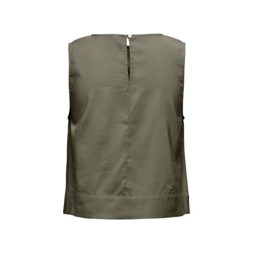Green sleeveless viscose blouse for women featuring a central zipper closure and subtle seam detailing in olive green