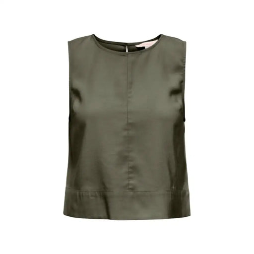Green sleeveless viscose blouse for women with olive green color, subtle sheen, button front, and straight hemline