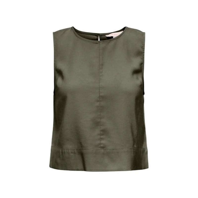 Green sleeveless viscose blouse for women with olive green color, subtle sheen, button front, and straight hemline