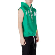 Green sleeveless hoodie with white drawstrings displayed in the product image