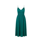 A flowing emerald green polyester spaghetti strap maxi dress with v-neckline and gathered waist