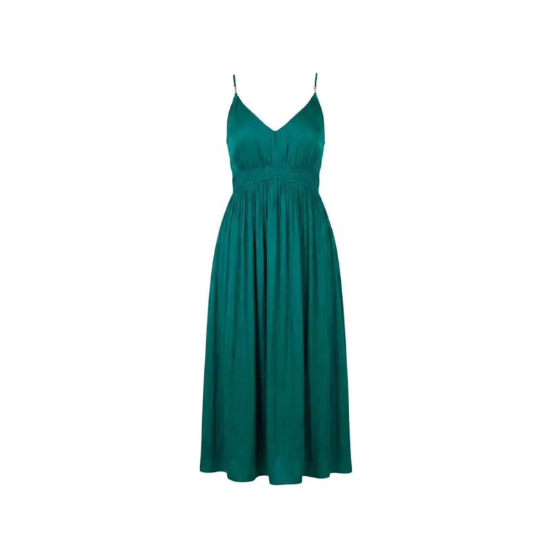 A flowing emerald green polyester spaghetti strap maxi dress with v-neckline and gathered waist