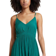 Emerald green polyester v-neck strap dress with gathered waist ideal for elegant occasions