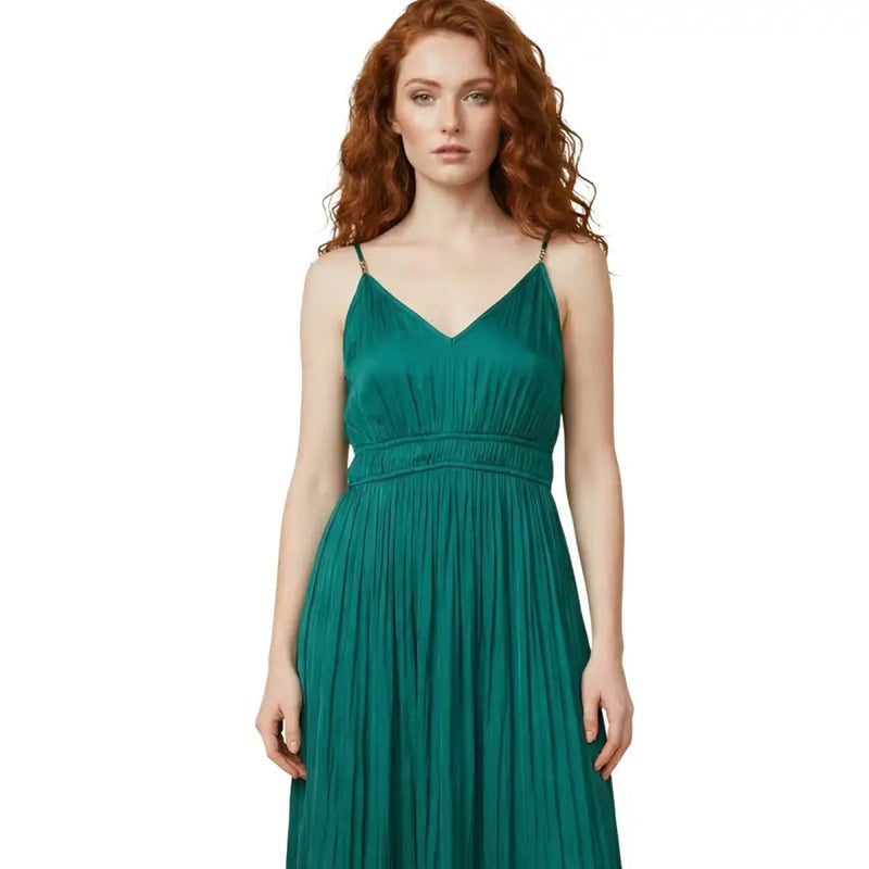 Emerald green polyester pleated maxi dress with thin spaghetti straps and fitted waistband for elegant occasions