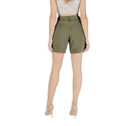 Olive green viscose blend high-waisted shorts for women with a pleated waistband and tailored fit