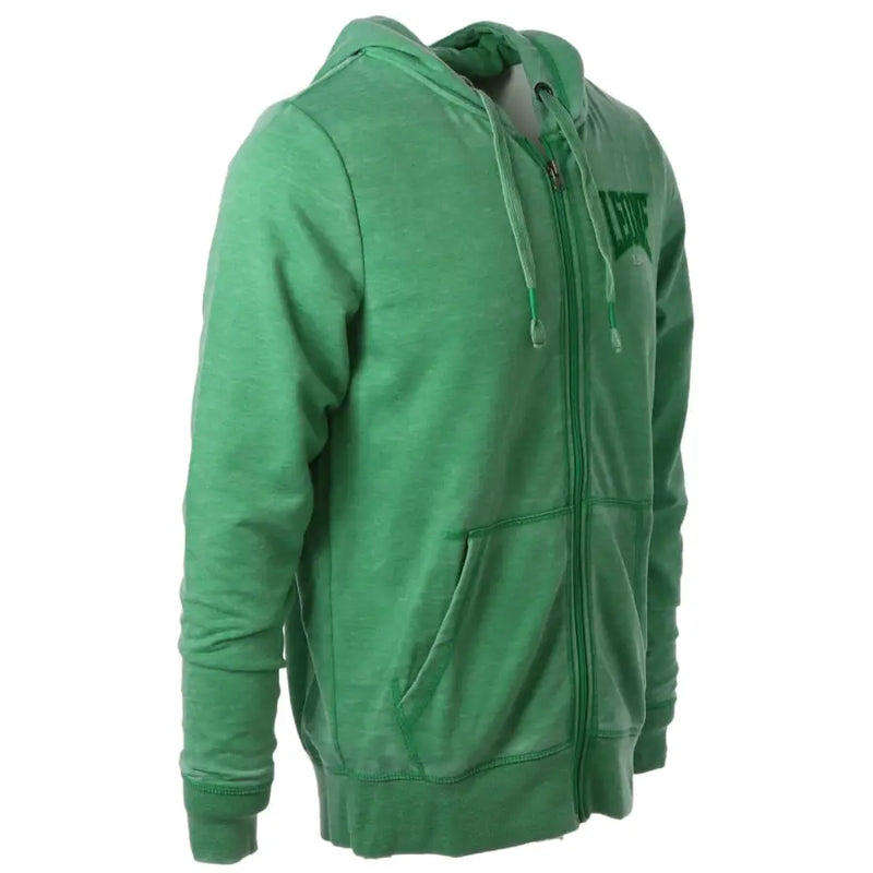 Green zip up hoodie with a faded heathered texture and matching drawstrings made of soft fabric