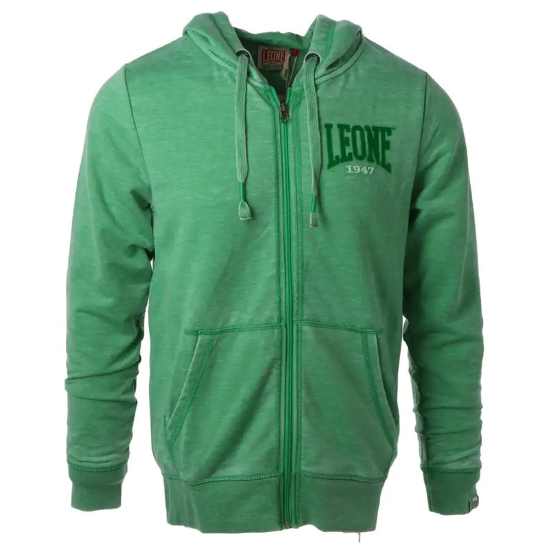 Green zip up hoodie featuring a green leone 1947 faded heather texture with matching drawstrings in cotton material