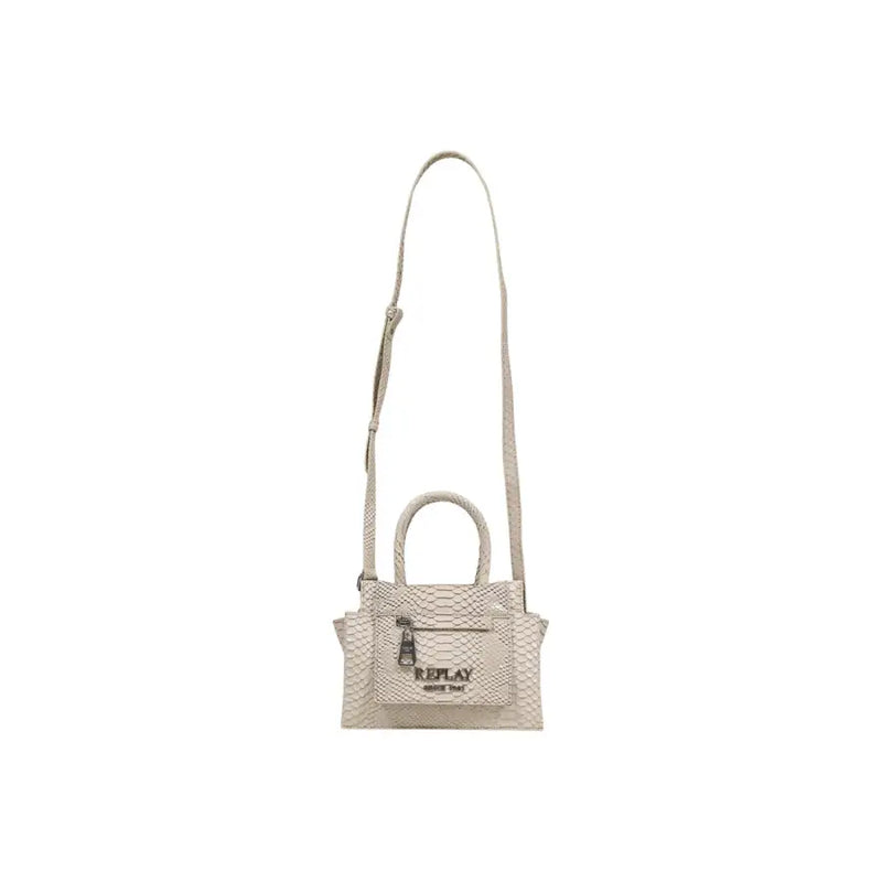 Beige snake-print structured handbag by Replay with top handle and adjustable shoulder strap in grey with multiple pockets