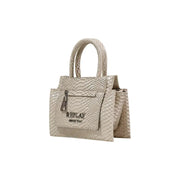 A beige snake-print structured handbag with multiple pockets and the Replay logo on the front