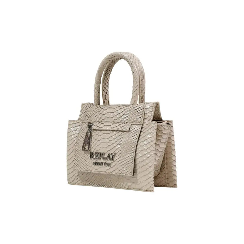 A beige snake-print structured handbag with multiple pockets and the Replay logo on the front