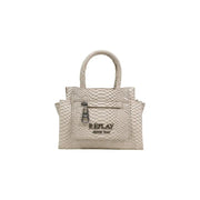 Beige snake-print structured handbag with top handle and Replay logo featuring multiple pockets by Replay