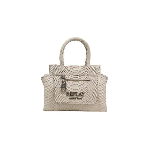 Beige snake-print structured handbag with top handle and Replay logo featuring multiple pockets by Replay