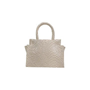A beige snake-print handbag with a structured rectangular shape and twisted handles by Replay with multiple pockets