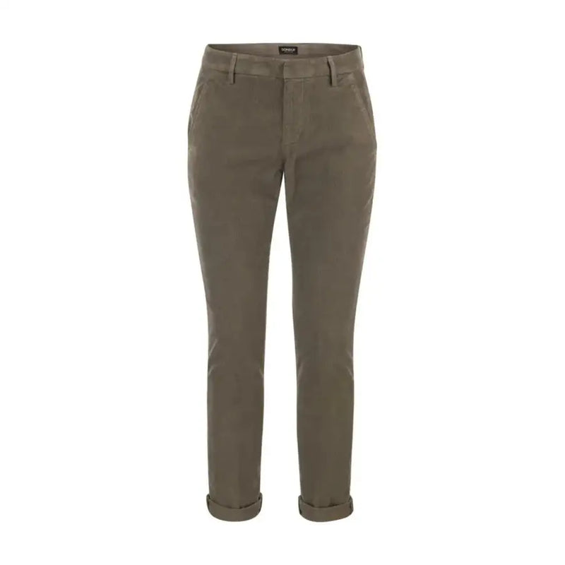 Women’s olive green cuffed chino pants displayed with Grey Jacob Cohen Men Fall Winter Trousers underlined pockets