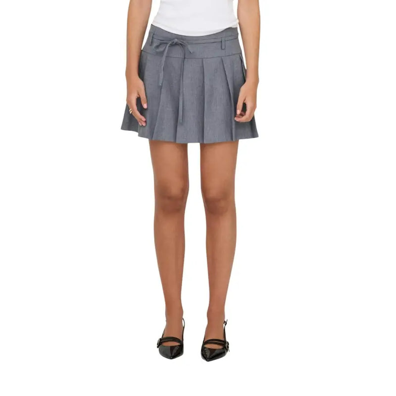 Gray polyester elastane women’s pleated mini skirt with matching tie belt suitable for spring and summer wear