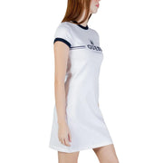 White Guess active short sleeve cotton t-shirt dress with navy blue ringer trim and chest logo print