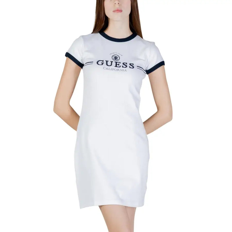 White guess california ringer dress with navy blue trim on neckline and sleeves made of cotton short sleeve fabric