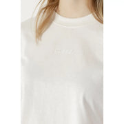 White Guess active women cotton round neck t-shirt with subtle embroidered logo on the chest in beige tone