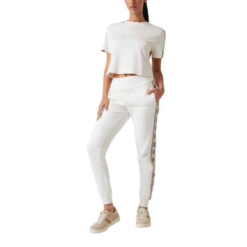 Guess Active women beige cotton round neck t-shirt with white cropped short sleeves and subtle logo stripe on side seam