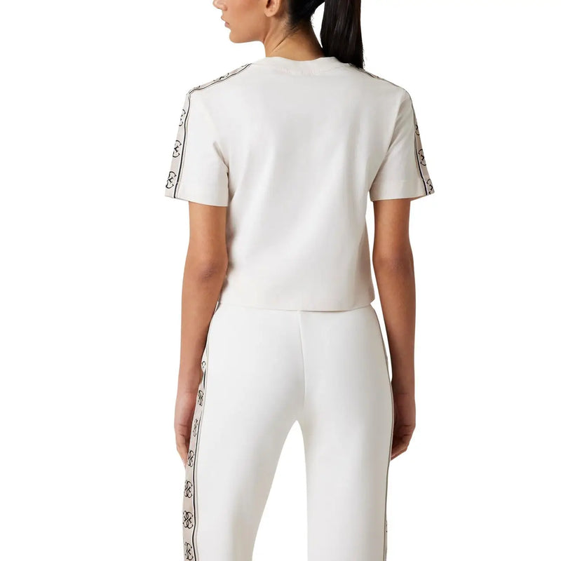 Guess active women beige cotton round neck t-shirt with white cropped top featuring black patterned trim on sleeves and side seam