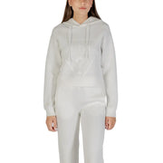 White guess active women beige hooded round neck sweatshirt with subtle logo paired with matching sweatpants