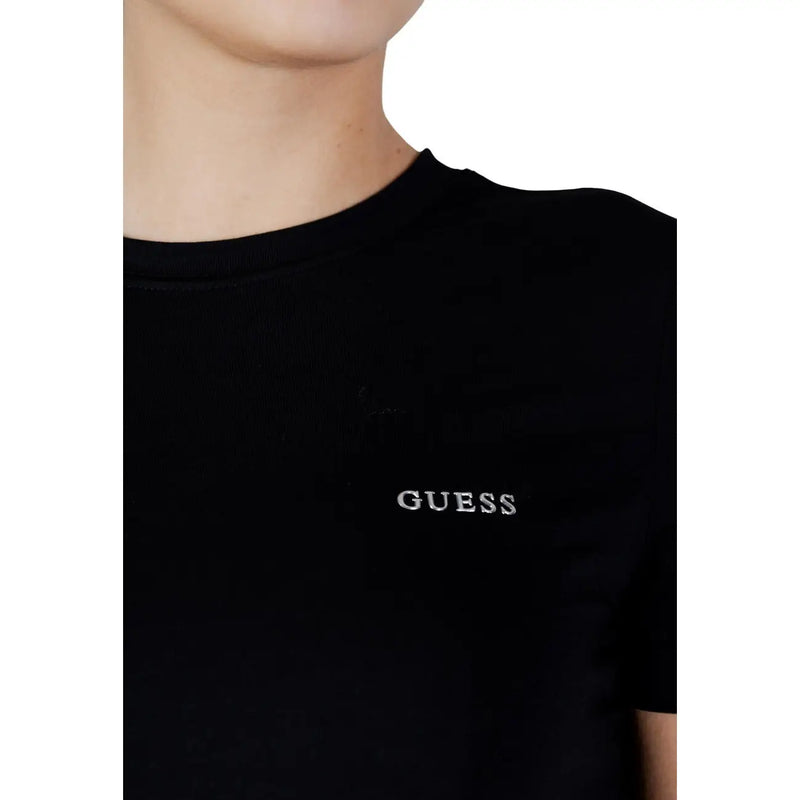 Black Guess Active women cotton round neck short t-shirt with subtle white embroidered logo on the chest