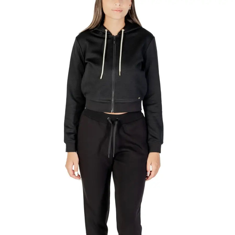 Guess Active women black full zip hoodie with white drawstrings cropped design for fall winter wear