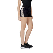 Guess active women black shorts with white patterned side stripe and drawstring waistband in cotton polyester blend