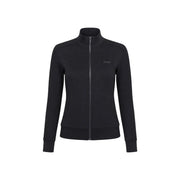 Black Guess active women zip-up track jacket with high collar modal blend fabric and subtle chest logo