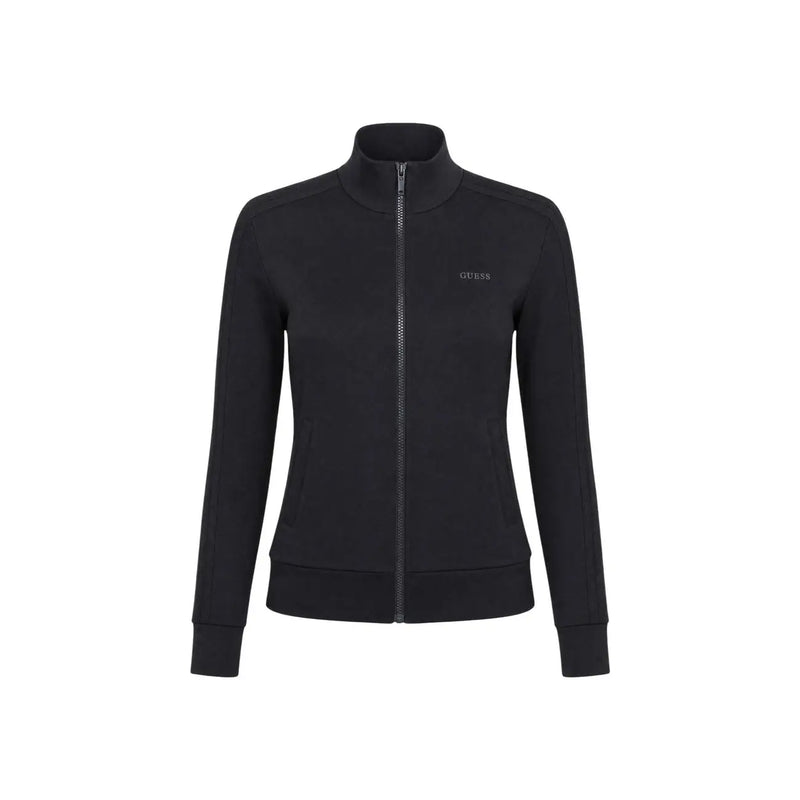 Black Guess active women zip-up track jacket with high collar modal blend fabric and subtle chest logo