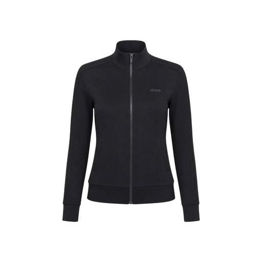 Schwarz Guess active Damen-Trainingsjacke mit Reißverschluss, hohem Kragen, aus Modal-Mischgewebe und dezentem Brustlogo