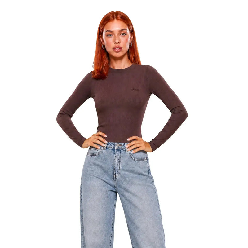 A sleek ribbed brown long-sleeve Guess Active women viscose t shirt with a subtle logo on the chest