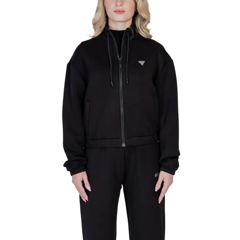 Guess Active women black zip hooded sweatshirt with subtle triangular logo on chest ideal for casual wear