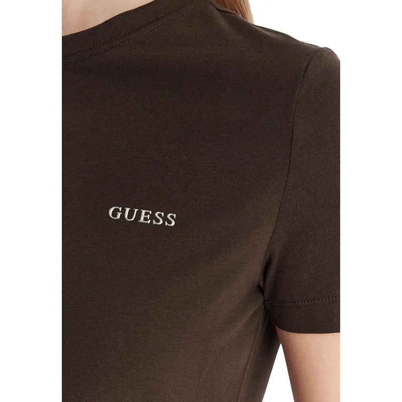 Brown Guess active women cotton Tracey t-shirt with short sleeves and white embroidered logo on the chest