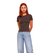 Guess active women brown viscose short classic t shirt with short sleeves and subtle embroidered logo on left chest