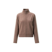 Guess Active women brown zip sweatshirt polyester blend taupe zip-up track jacket with white side stripes and high collar