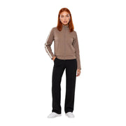 Taupe Guess active women brown zip sweatshirt polyester blend with white stripes down sleeves and zip-up front