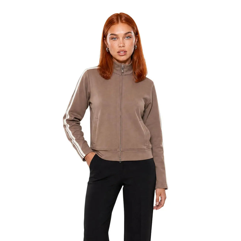 Guess active women brown zip sweatshirt polyester blend taupe zip-up track jacket with white stripes on sleeves