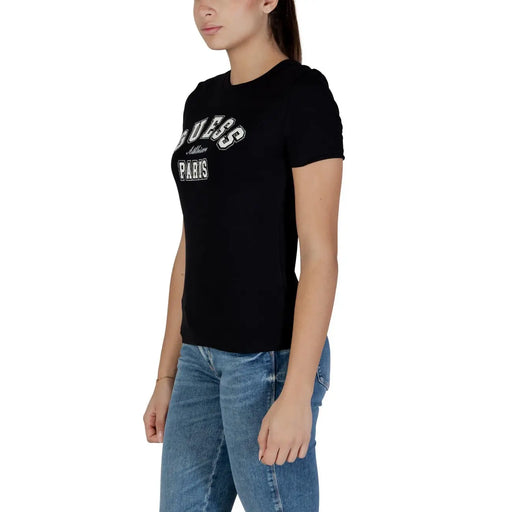 Black Guess Active women cotton round neck t shirt with white embroidered Guess Paris logo on the chest