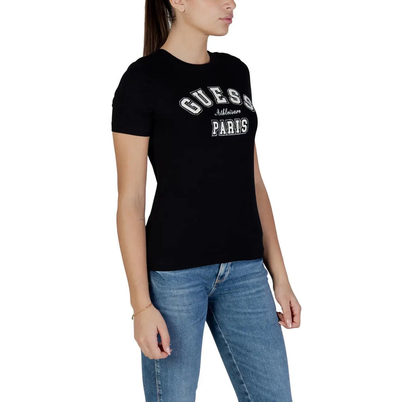 Black guess active women cotton round neck t shirt with white guess and paris lettering across the chest