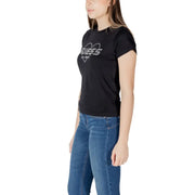 Black Guess active women round neck rhinestone tee with white heart-shaped logo and sparkling Guess Los Angeles text