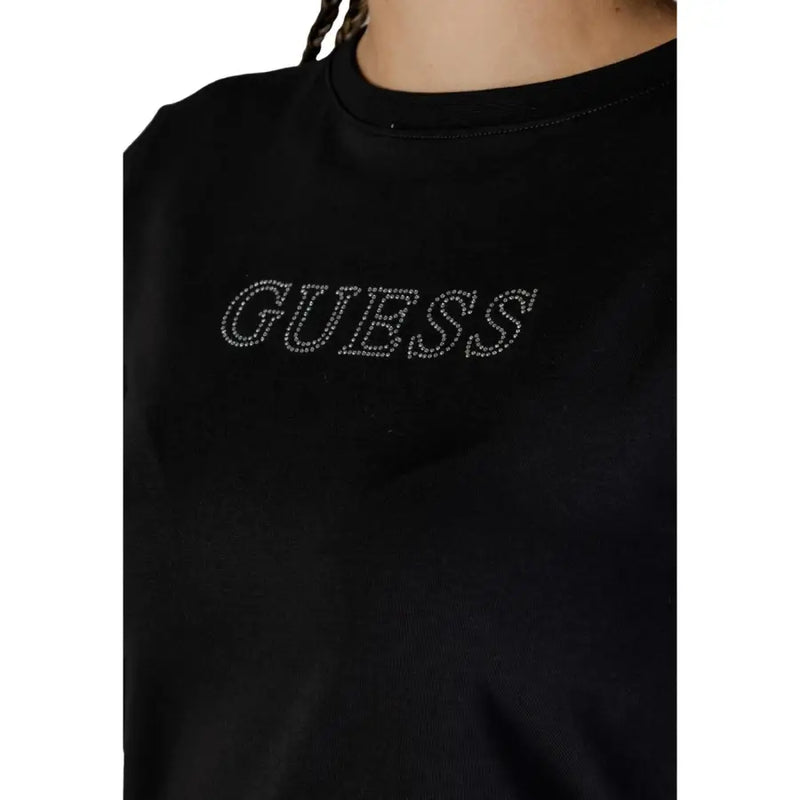 Black Guess active women spring summer rhinestone round neck t shirt featuring a sparkling rhinestone logo across the chest