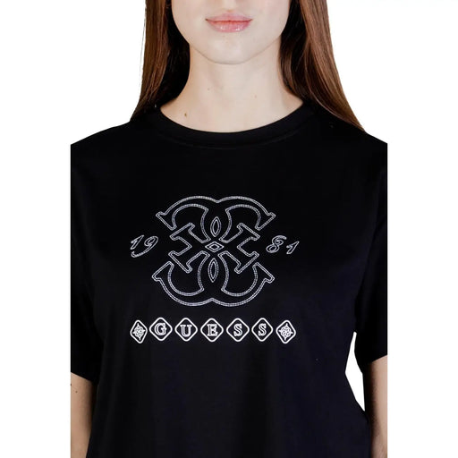 Black Guess Active Women viscose t shirt featuring white embroidered 1981 logo in diamond-shaped outlines