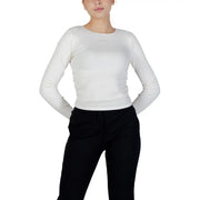 Guess Active women white long fit round neck modal t shirt with ribbed texture and small logo at the neckline