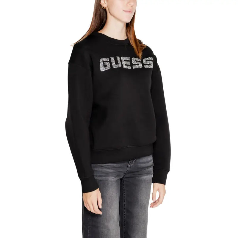 Guess active women’s black sweatshirt with sparkling silver logo print and round neck made from soft fabric