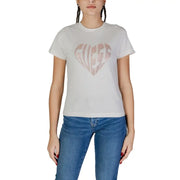 White Guess active women’s short sleeve t-shirt featuring a heart-shaped logo with sparkling pink rhinestones